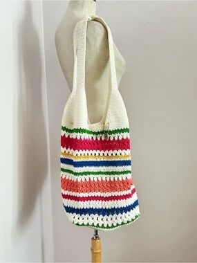 The Sak Venice Beach Colorful Rainbow Stripe Crochet Knit Bucket Tote Bag